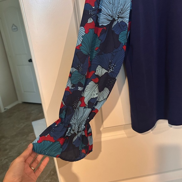 The Pioneer Woman Blue Top with Floral Sleeves - Picture 2 of 3